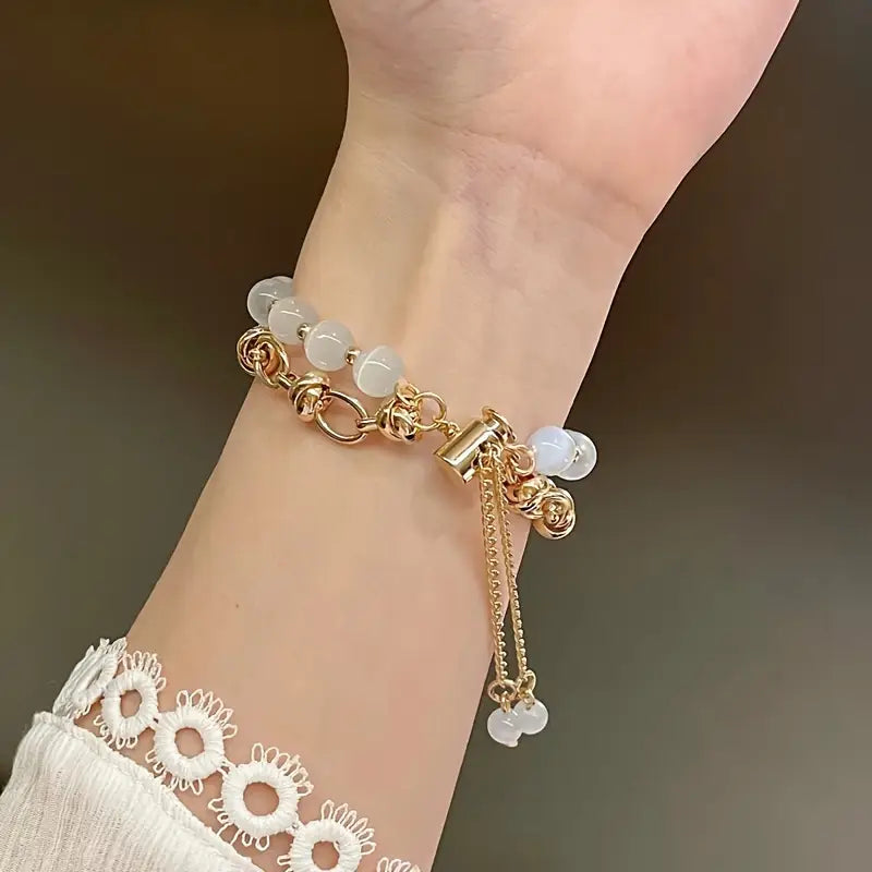 Bracelet Chic en Perles de Pierre Œil de Chat Argenté pour Apple Watch