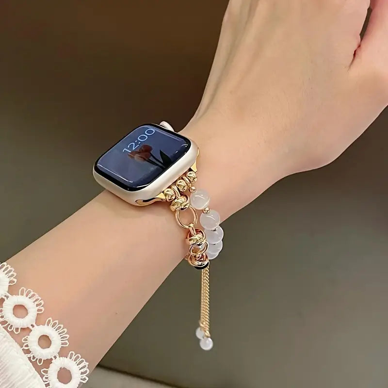 Bracelet Chic en Perles de Pierre Œil de Chat Argenté pour Apple Watch