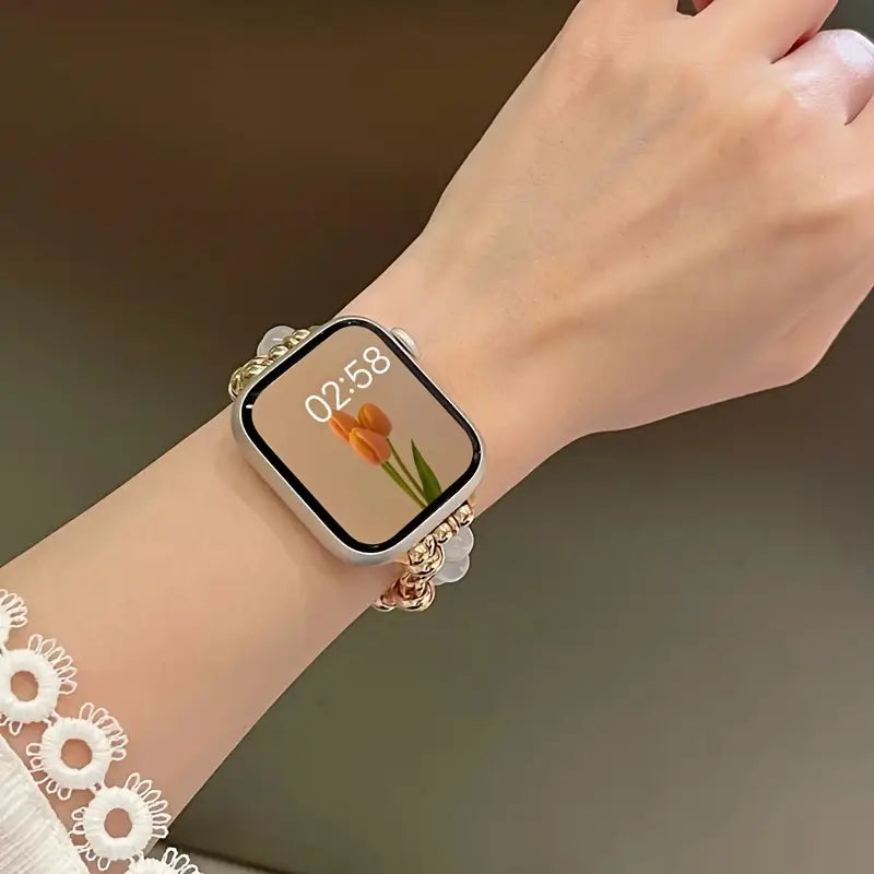 Bracelet Chic en Perles de Pierre Œil de Chat Argenté pour Apple Watch